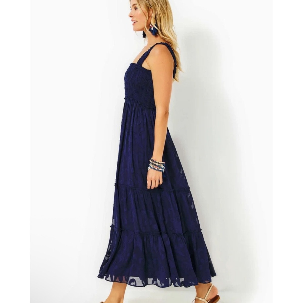 Lilly Pulitzer Hadley Smocked Maxi  Dress Small Navy Blue Paisley Preppy Tiered - Picture 12 of 12